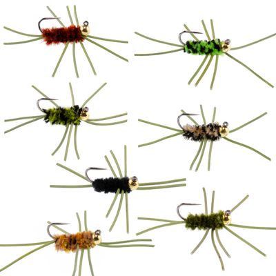 The Fly Fishing Place Tungsten Bead Jigged Pat's Rubber Legs Nymph Assortment Fly Fishing Flies - Trout and Bass Wet Fly Pattern - 7 Colors Hook Size 10