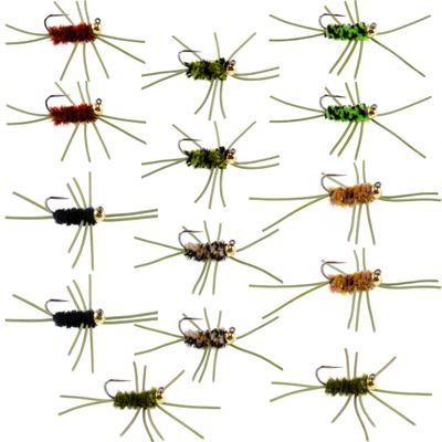 The Fly Fishing Place Tungsten Bead Jigged Pat's Rubber Legs Nymph Assortment Fly Fishing Flies - Trout and Bass Wet Fly Pattern - 14 Flies 7 Colors Hook Size 10