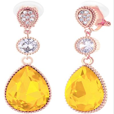 Clip On Yellow Crystal Dangle Non Pierced Earrings for Women (Nov-Citrine-Rose Gold Plated)