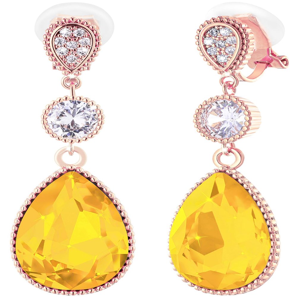 Clip On Yellow Crystal Dangle Non Pierced Earrings for Women (Nov-Citrine-Rose Gold Plated)