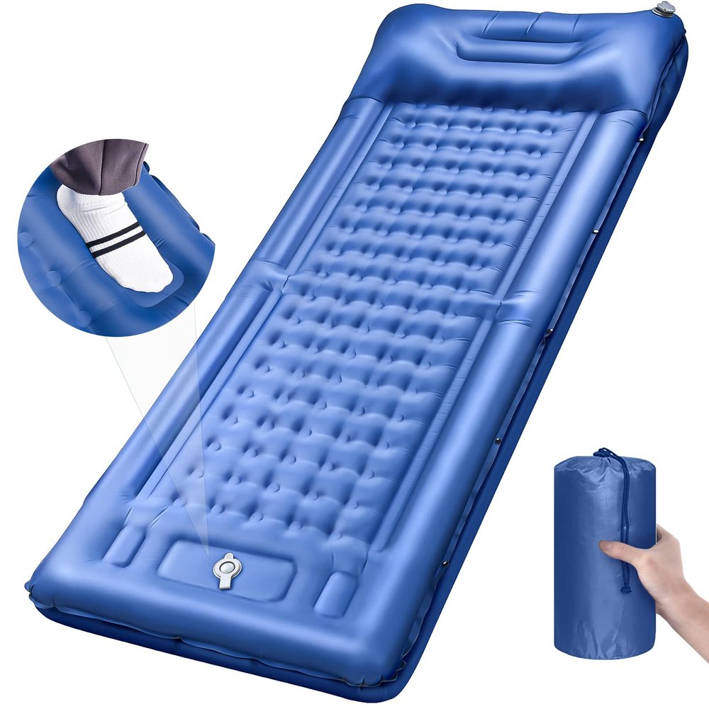 LILTSDRAE Camping Sleeping PadsExtra Thick 5 Inch Inflatable Sleeping Mat with Pillow Built-in PumpOversized Mattress Super Portable Backpacking Sleeping Pad (Blue, Single)