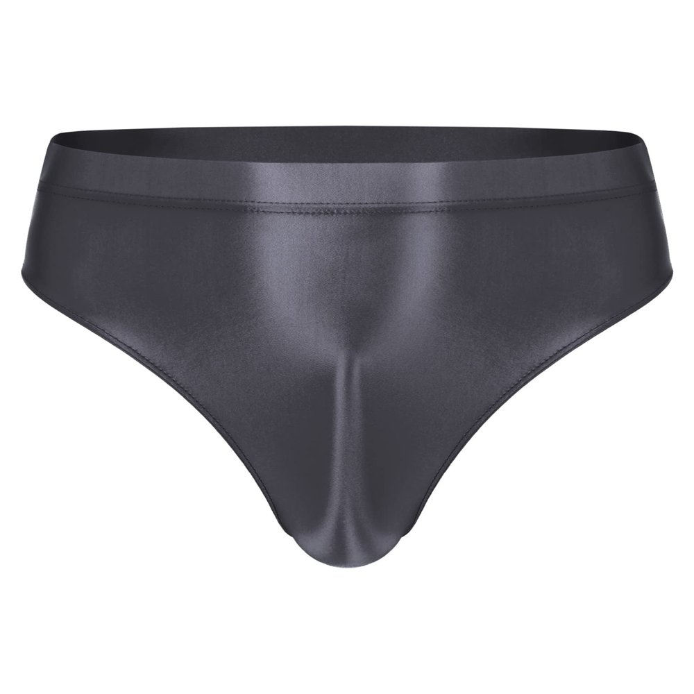 Alvivi Men's High Waisted Oily Smooth Underwear Full Cover Bulge Pouch Bikini Briefs Glossy Panties Grey A Large