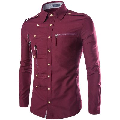 Maiyifu-GJ Men's Casual Business Dress Shirt Regular Fit Button Down Shirts Solid Slim Fit Long Sleeve Western Shirts (Red Wine,XX-Large)