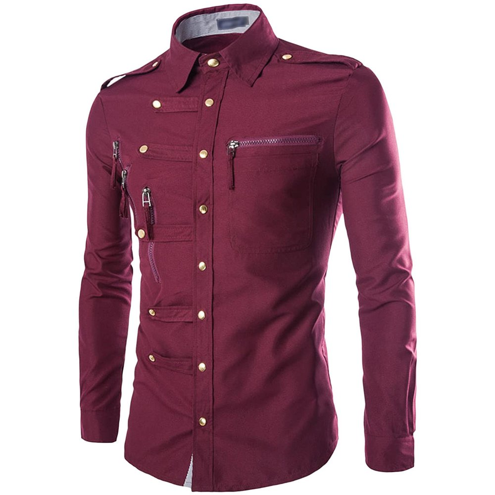 Maiyifu-GJ Men's Casual Business Dress Shirt Regular Fit Button Down Shirts Solid Slim Fit Long Sleeve Western Shirts (Red Wine,XX-Large)