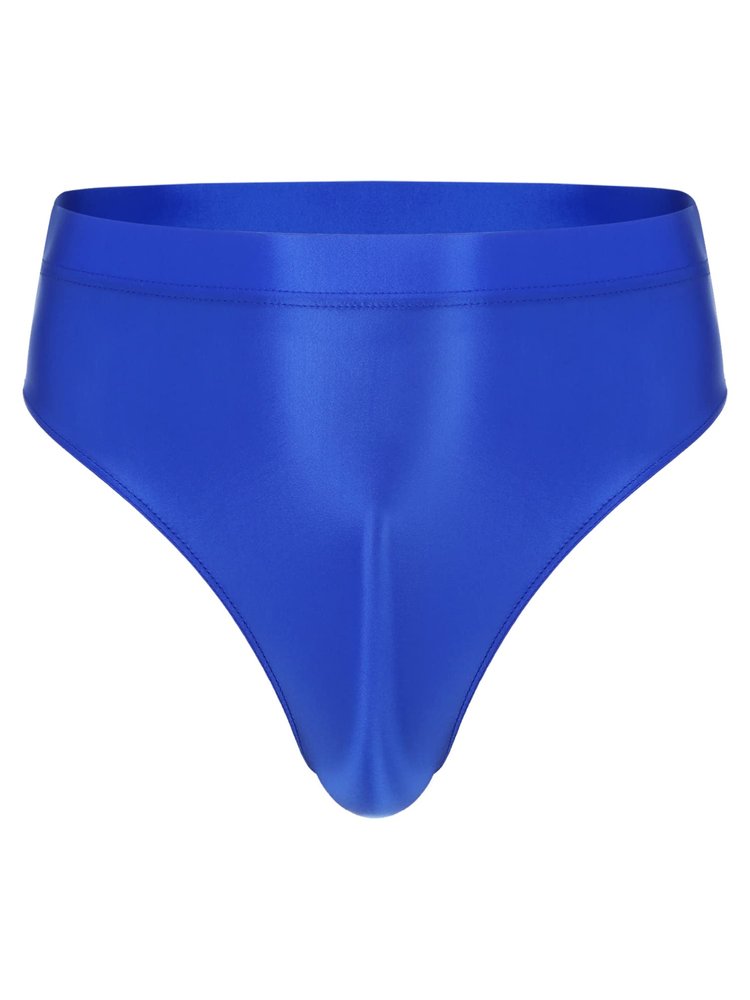 Alvivi Men's High Waisted Oily Smooth Underwear Full Cover Bulge Pouch Bikini Briefs Glossy Panties Blue A Large