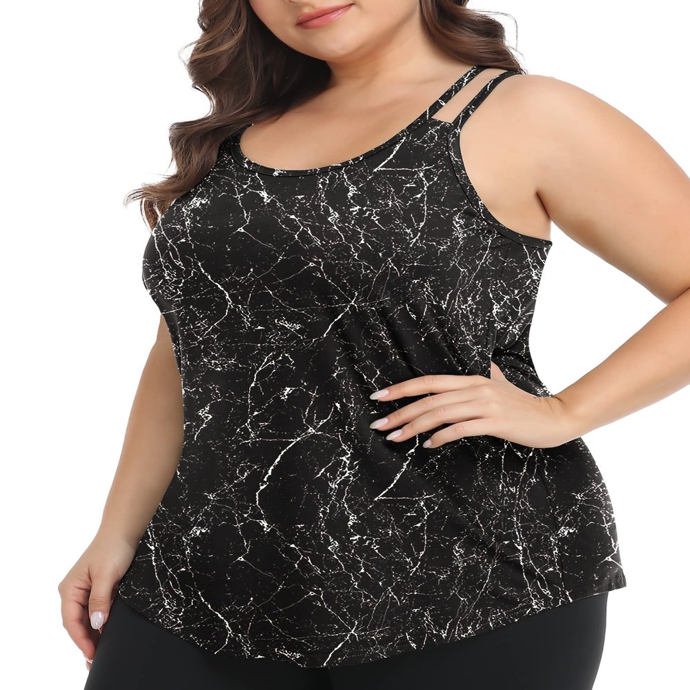 FOREYOND Plus Size Workout Tank Tops Loose fit Racerback Sleeveless Shirts Gym Running Yoga Clothes for Women Black Tie Dye 3XL