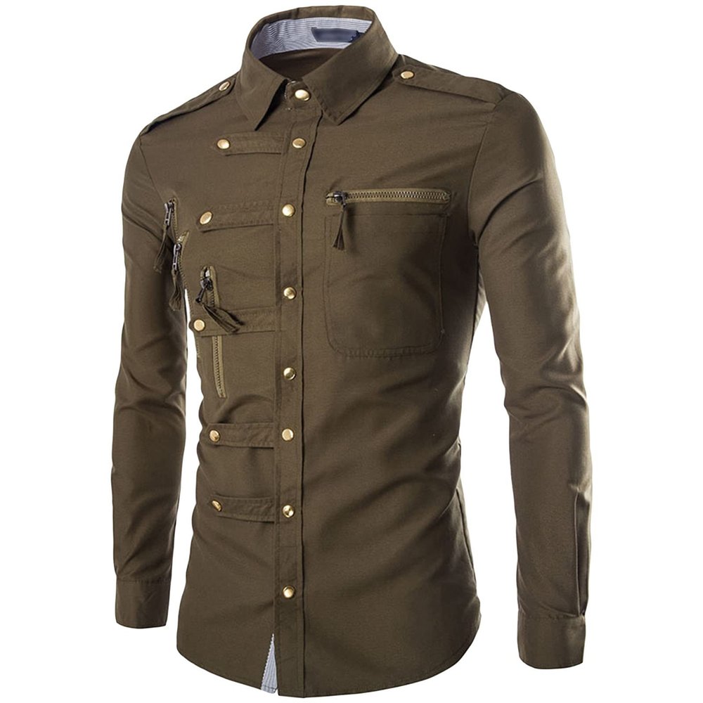Maiyifu-GJ Men's Casual Business Dress Shirt Regular Fit Button Down Shirts Solid Slim Fit Long Sleeve Western Shirts (Armygreen,XX-Large)