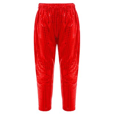 Aislor Girls Boys Glitter Sequins Hip Hop Jazz Street Modern Solo Dance Harem Pants Sweatpants Performance Trousers Red 9-10 Years