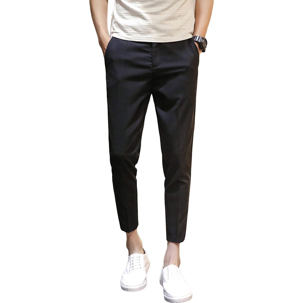 Men's Traditional Plaid Pants Plaid Casual Trousers Slim Fit Striped Slacks Loose Comfort Trousers (Black,28)