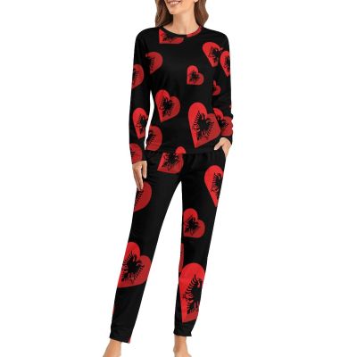 Albania Flat Heart Flag Pajamas Sets Soft Nightwear Long Sleeve Sleepwear 2 Piece Pjs Loungewear for Women XS