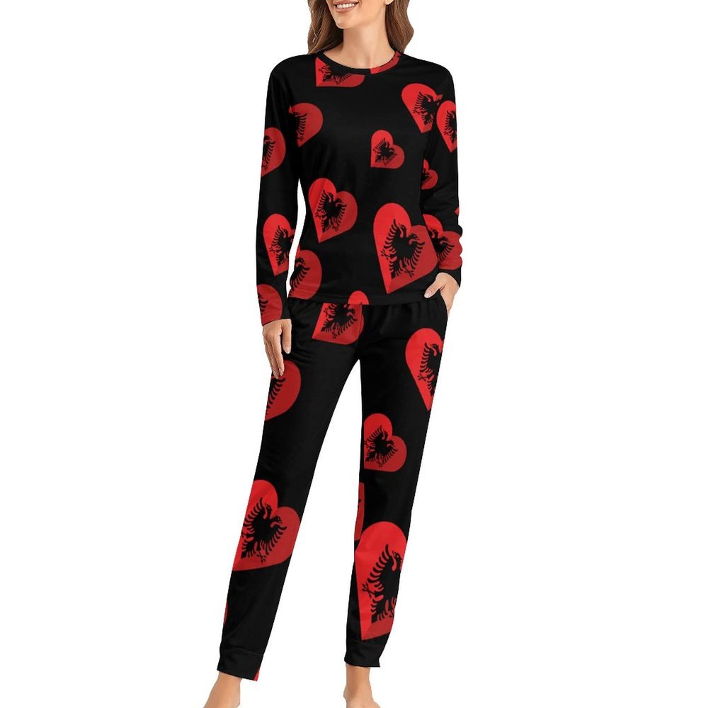 Albania Flat Heart Flag Pajamas Sets Soft Nightwear Long Sleeve Sleepwear 2 Piece Pjs Loungewear for Women XS