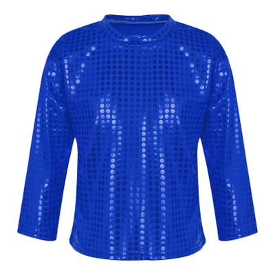 Jhaoyu Kids Boys Girls Shiny Sequins Dance Top Long Sleeve T-Shirt Jazz Hip Hop Performance Disco Costume Streetwear Royal Blue 4-5 Years