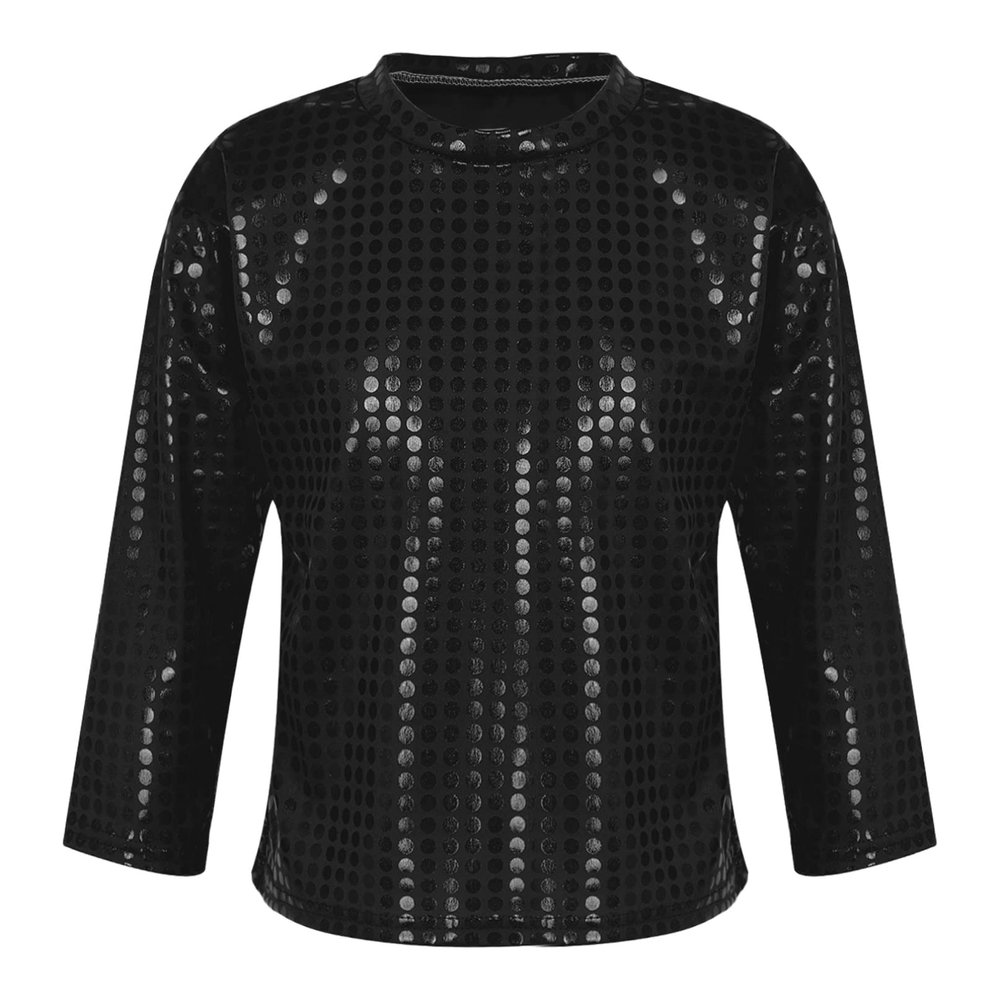 Jhaoyu Kids Boys Girls Shiny Sequins Dance Top Long Sleeve T-Shirt Jazz Hip Hop Performance Disco Costume Streetwear Black 5-6 Years