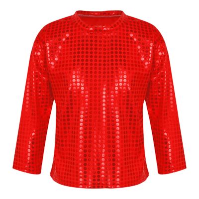 Jhaoyu Kids Boys Girls Shiny Sequins Dance Top Long Sleeve T-Shirt Jazz Hip Hop Performance Disco Costume Streetwear Red 2-3 Years