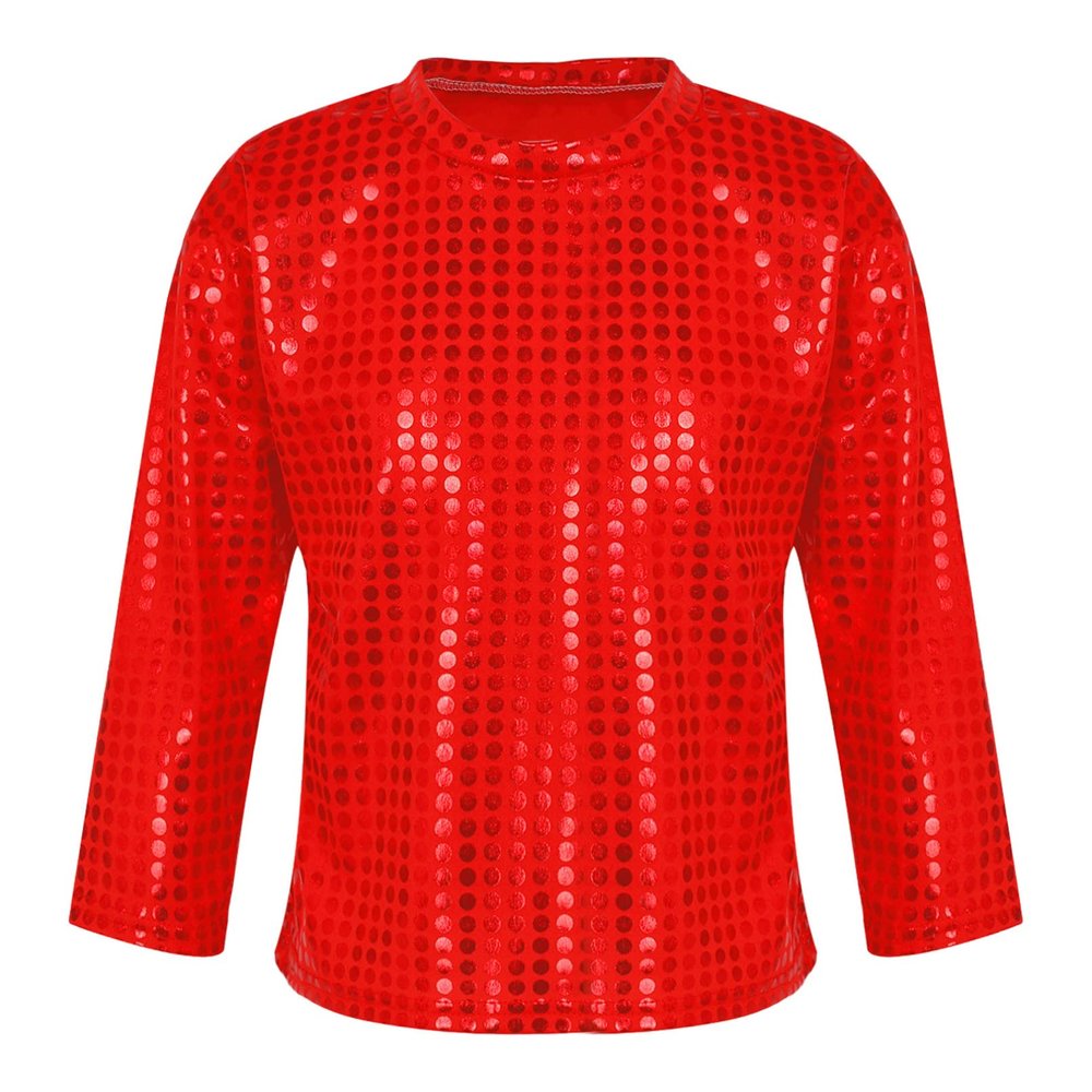 Jhaoyu Kids Boys Girls Shiny Sequins Dance Top Long Sleeve T-Shirt Jazz Hip Hop Performance Disco Costume Streetwear Red 2-3 Years
