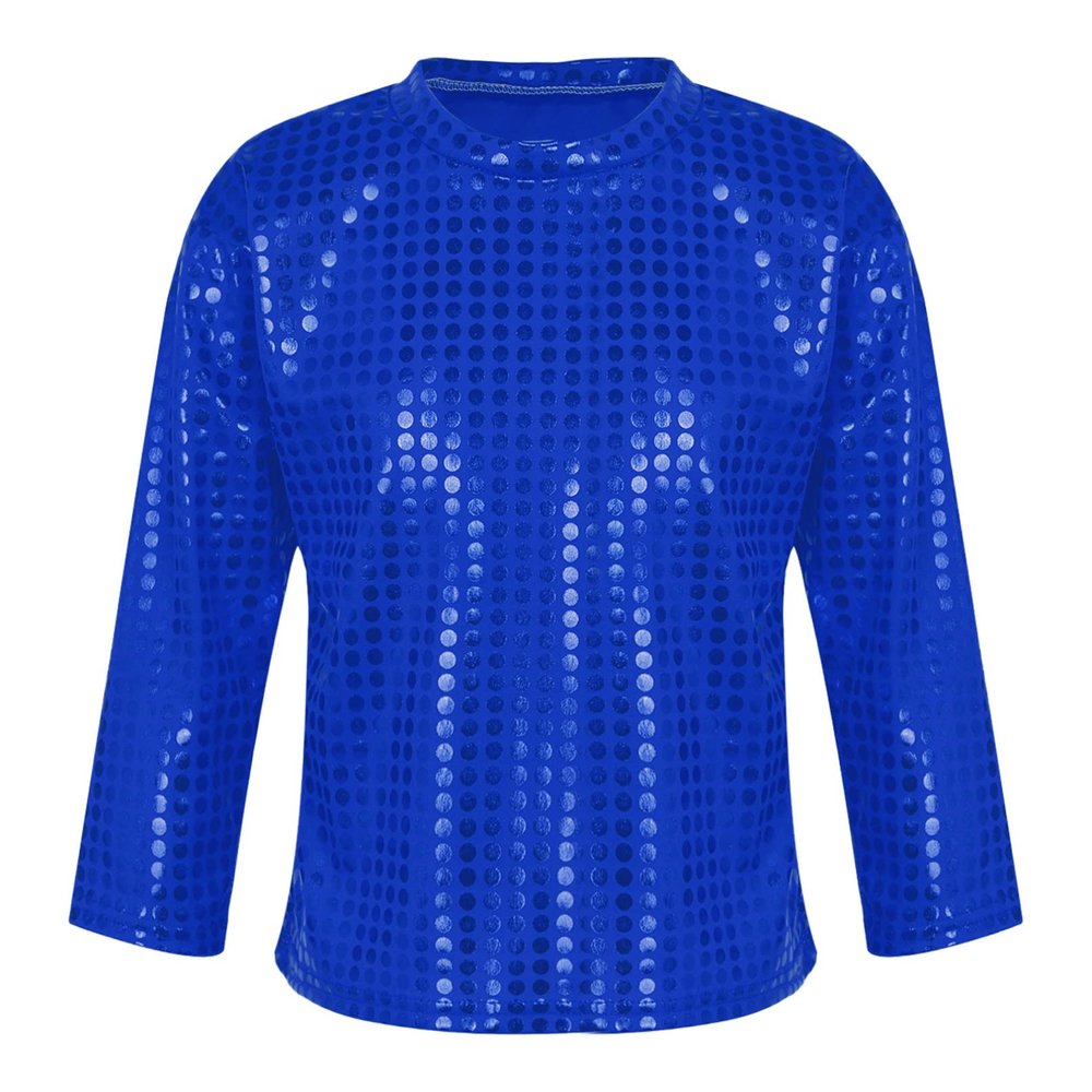 Jhaoyu Kids Boys Girls Shiny Sequins Dance Top Long Sleeve T-Shirt Jazz Hip Hop Performance Disco Costume Streetwear Royal Blue 5-6 Years