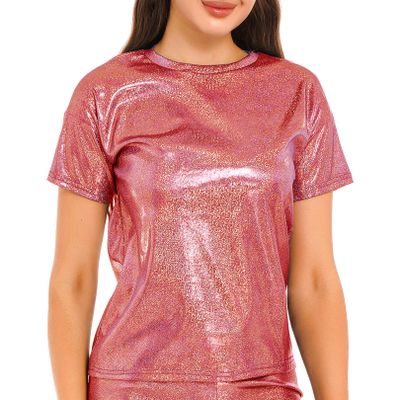 FEESHOW Womens Metallic Shiny T-Shirt Sparkly Jazz Dance Tops Fashion Round Neck Tee Shirts Red Large