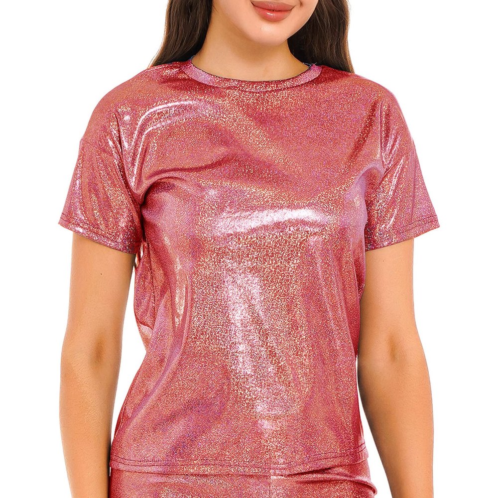FEESHOW Womens Metallic Shiny T-Shirt Sparkly Jazz Dance Tops Fashion Round Neck Tee Shirts Red Large