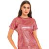 FEESHOW Womens Metallic Shiny T-Shirt Sparkly Jazz Dance Tops Fashion Round Neck Tee Shirts Red Large view 3