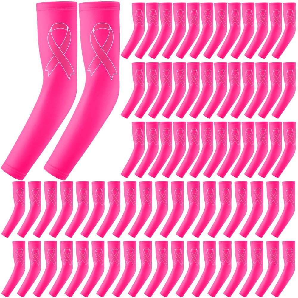 Zhehao 36 Pairs Breast Cancer Awareness Sleeves with Ribbon Cooling Compression Arm Sleeves for Men Women Charity Sport (Pink, Large)