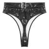 FEESHOW Women Shiny Leather Mid Waisted High Cut Thongs Booty Shorts Briefs Cheeky Bottoms Black 3X-Large view 3