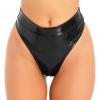 FEESHOW Women Shiny Leather Mid Waisted High Cut Thongs Booty Shorts Briefs Cheeky Bottoms Black Small view 1