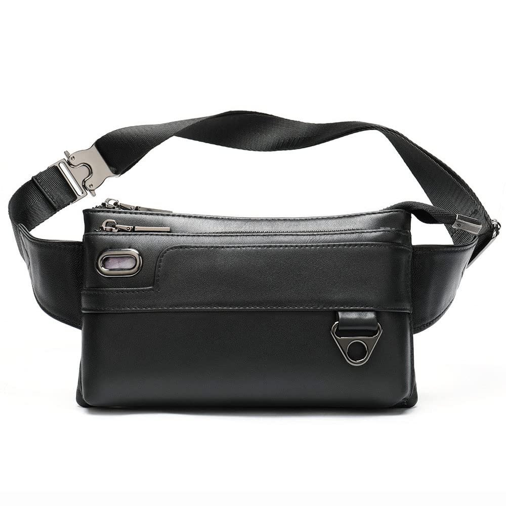 XARONF Leather Fanny Packs for Women Men, Fashionable Black Fanny Pack Crossbody Bags, Adjustable Hip Pack Bum Bag for Travel Hiking Running
