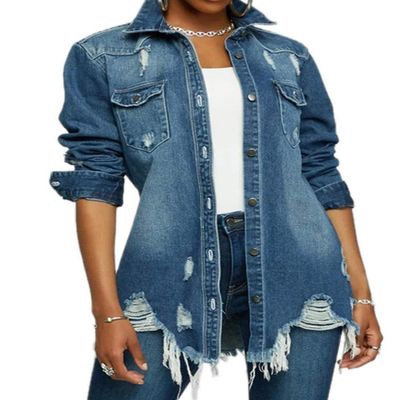 DvaeMalligo Jean Jacket Women Distressed Button Down Long Sleeve Ripped Oversized Frayed Denim Trucker Jean Jackets Blue XL