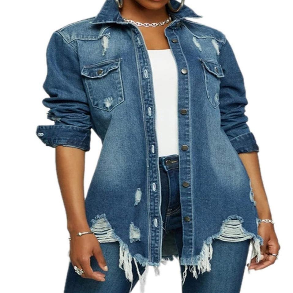 DvaeMalligo Jean Jacket Women Distressed Button Down Long Sleeve Ripped Oversized Frayed Denim Trucker Jean Jackets Blue XL