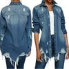DvaeMalligo Jean Jacket Women Distressed Button Down Long Sleeve Ripped Oversized Frayed Denim Trucker Jean Jackets Blue XL view 2