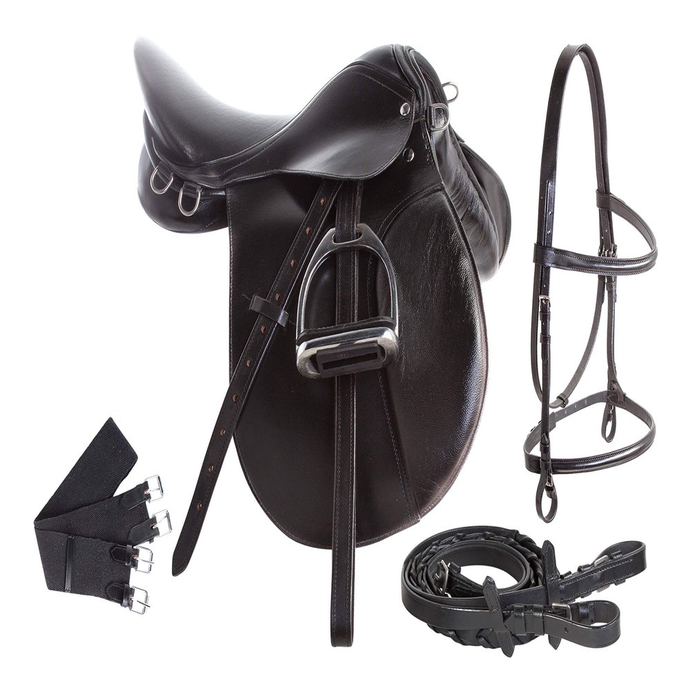 SHOWMEN CRAFT Horse Riding English Saddle Tack Set Leather Leathers Irons Stirrups Bridle REINS Girth Cinch All Purpose Show Jumping Trail Equestrian Starter Package