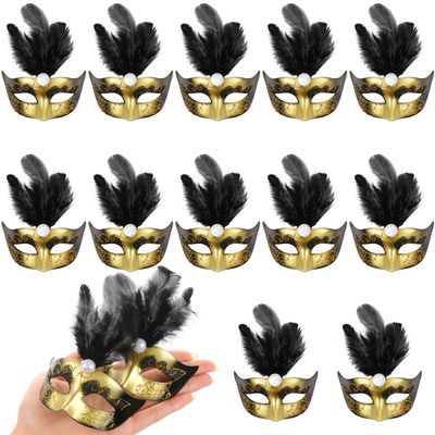 12 Mini Masquerade Masks, Small Feather Eye Masks for Women - Mardi Gras Party Costumes & Decorations (Black)