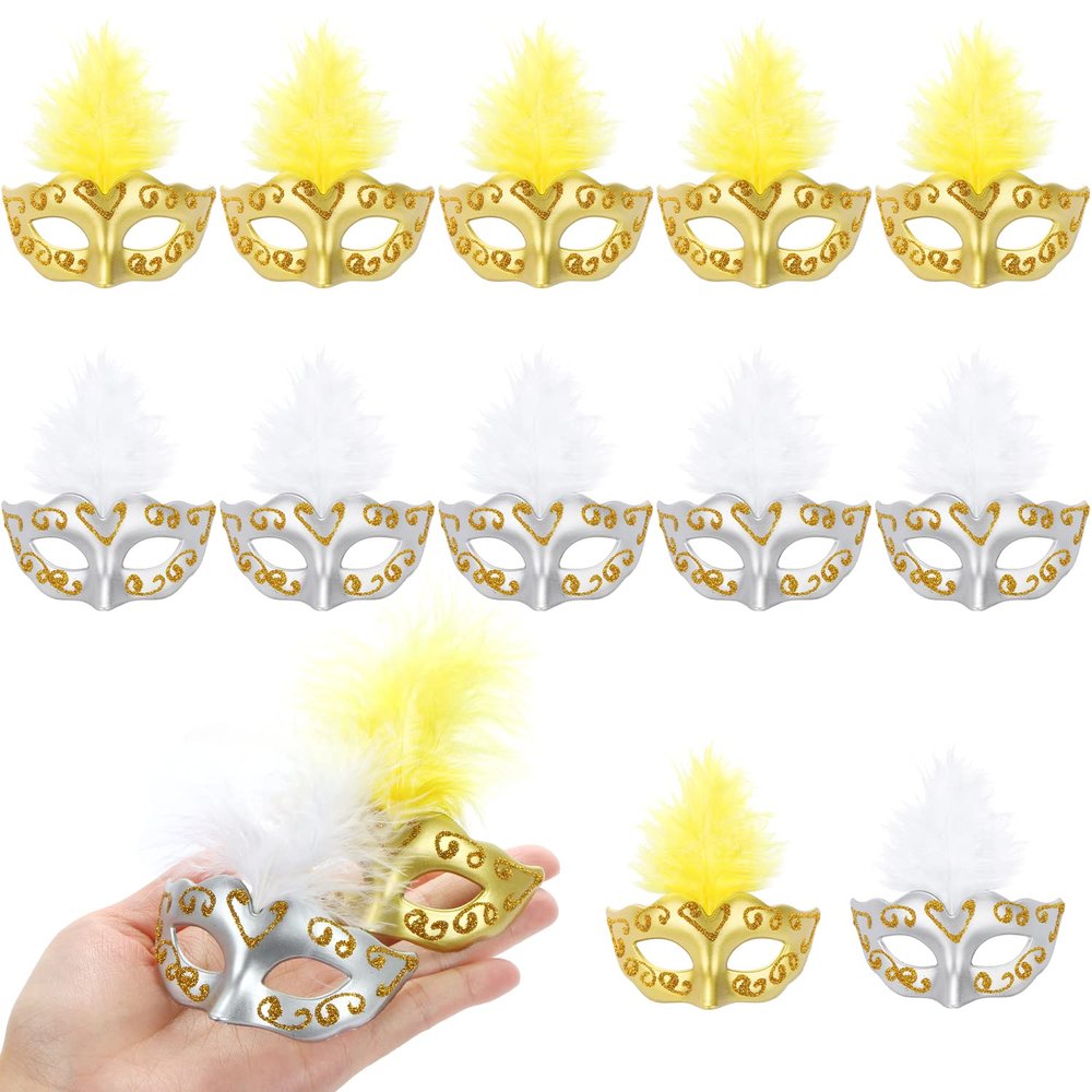 12 Pcs Mini Masquerade Masks, Small Feather Eye Masks for Women - Mardi Gras Party Costumes & Decorations (Gold Silver)