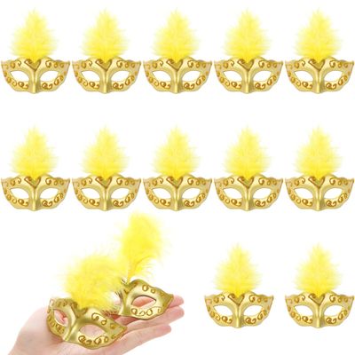 12 Pcs Mini Feather Masquerade Masks Bulk for Mardi Gras Decorations & Party Costumes (Gold)