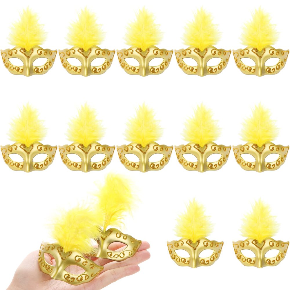 12 Pcs Mini Feather Masquerade Masks Bulk for Mardi Gras Decorations & Party Costumes (Gold)