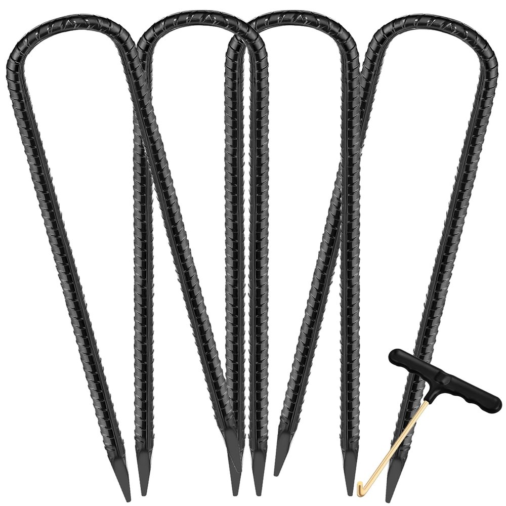 Trampoline Stakes Anchors High Wind Heavy Duty 12inch U Type Safety Trampoline Wind Stakes Galvanized Steel (4Pcs, Black)