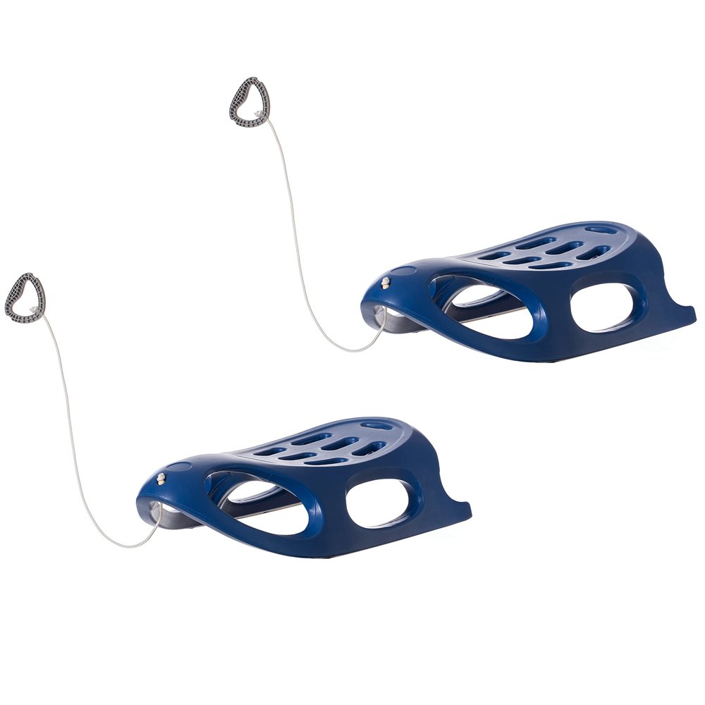 Outdoor Snow Sleigh Ice Sled Toy, Two Rider, Solid Hard Plastic with Pull Rope for Kids Over 5 Years, Blue Set of 2