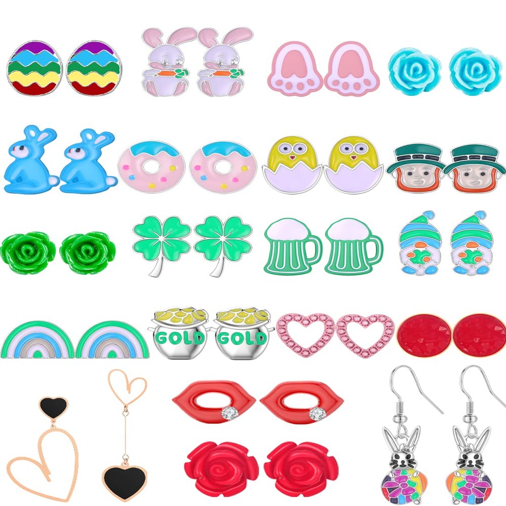 20 Pairs St Patrick's Day Easter Valentines Day Hypoallergenic Drop Stud Earrings Bulk for Girls Women Clover Shamrock Green Hat Easter Eggs Bunny Earrings Dangle Stud Earrings Set for Teen Girls Women