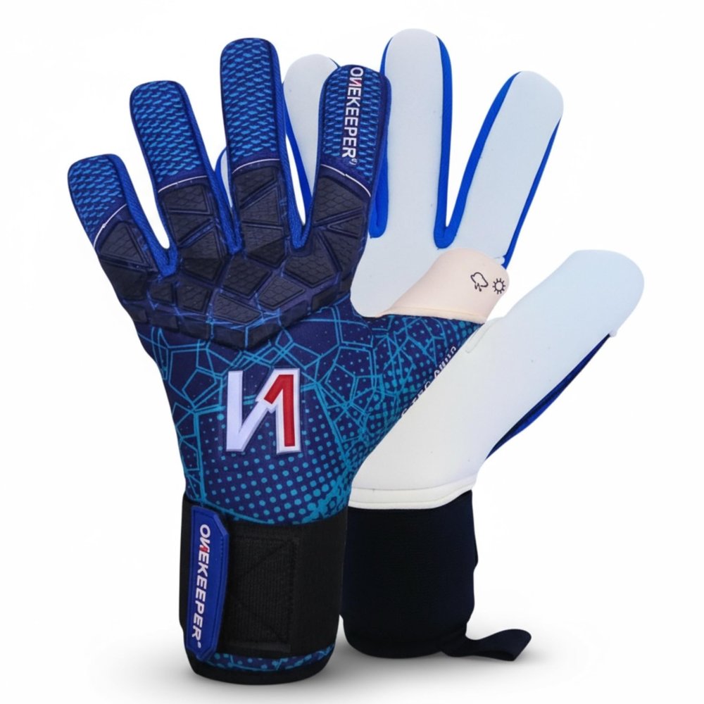 ONEKEEPER C-TEC Aqua No Finger Spines Cold and Wet Weather with Thin Neoprene Backhand Pro Goalie Gloves, 3.5mm Aqua Latex, Negative Cut, Sizes 8-12 (Size 8)