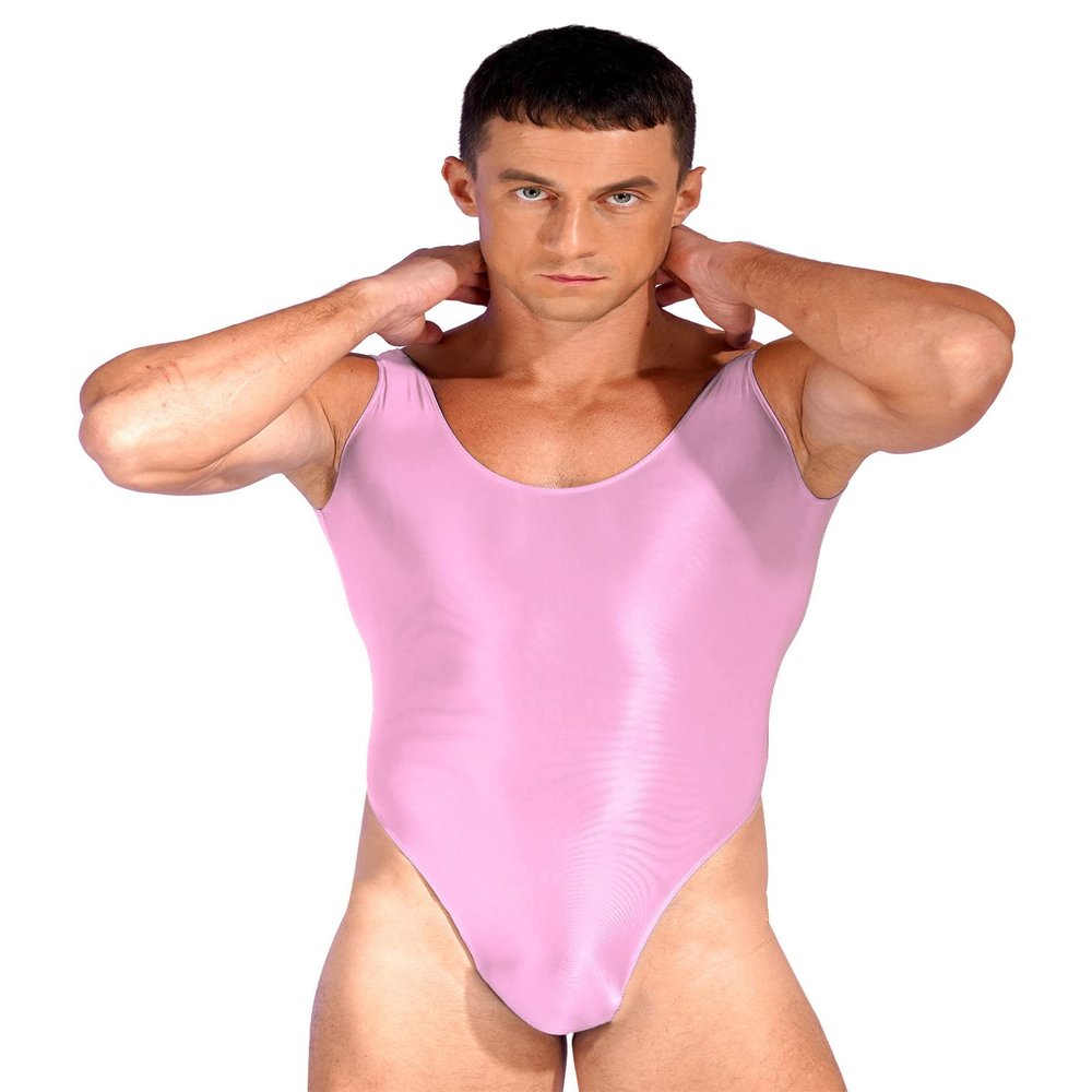 Linjinx Men's 70D Silky Glossy Bodysuit Male Crossdresser Backless Dance Tank Leotard Swimwear Pink X-Large