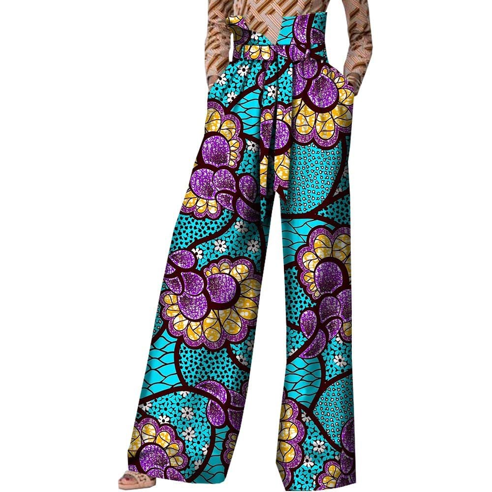 African Pants for Women Ankara Print Long Pants with Sashes High Waist Plus Size XL 618