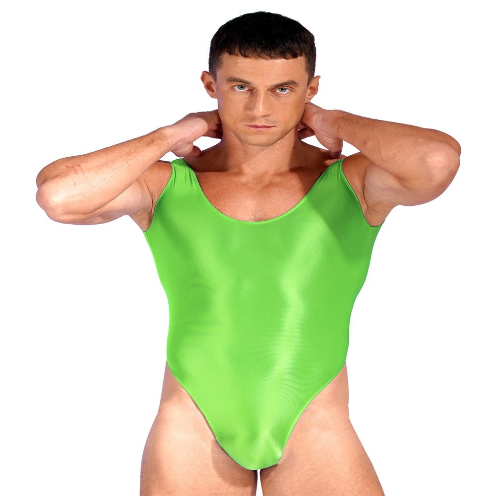 YiZYiF Men's 70D Oil Shiny Glossy Mankini Swimwear Silky Nylon Tights Sheer Bodysuit Swimsuit Fluorescent Green X-Large