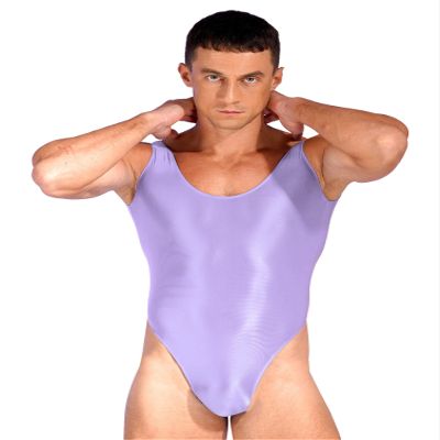 YiZYiF Men's 70D Oil Shiny Glossy Mankini Swimwear Silky Nylon Tights Sheer Bodysuit Swimsuit Light Purple X-Large