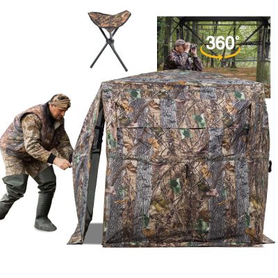 FUNHORUN Hunting Blind 360 Degree See Through Ground Blind with Chair and Carrying Bag, 2/3 Person Pop Up Camouflage Tent Portable Concealed Shelter