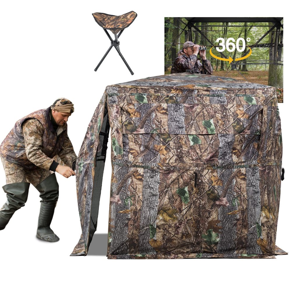 FUNHORUN Hunting Blind 360 Degree See Through Ground Blind with Chair and Carrying Bag, 2/3 Person Pop Up Camouflage Tent Portable Concealed Shelter