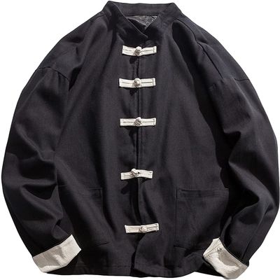 JEKE-DG Men Kung Fu Jacket Linen Tang Suits Chinese Traditional Tai Chi Clothes Mandarin Frog-Button Shirts Disc Buckle Coat (3X-Large,Black)