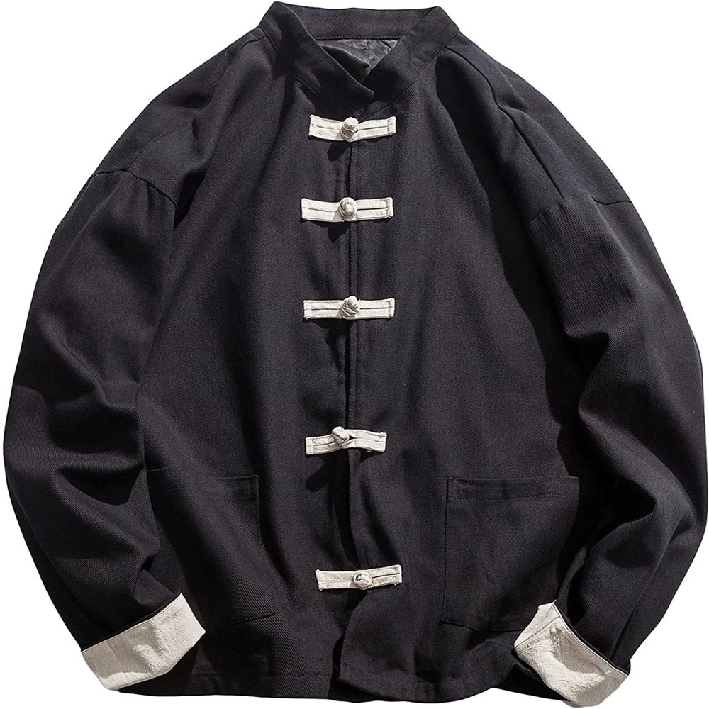 JEKE-DG Men Kung Fu Jacket Linen Tang Suits Chinese Traditional Tai Chi Clothes Mandarin Frog-Button Shirts Disc Buckle Coat (3X-Large,Black)