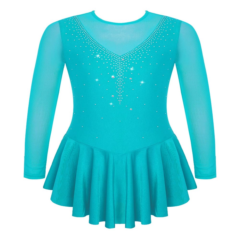 CHICTRY Girls Figure Ice Skating Dress Mesh Diamond Leotard Dance Dress Competition Gymnastics Costume Lake Green 8 Years
