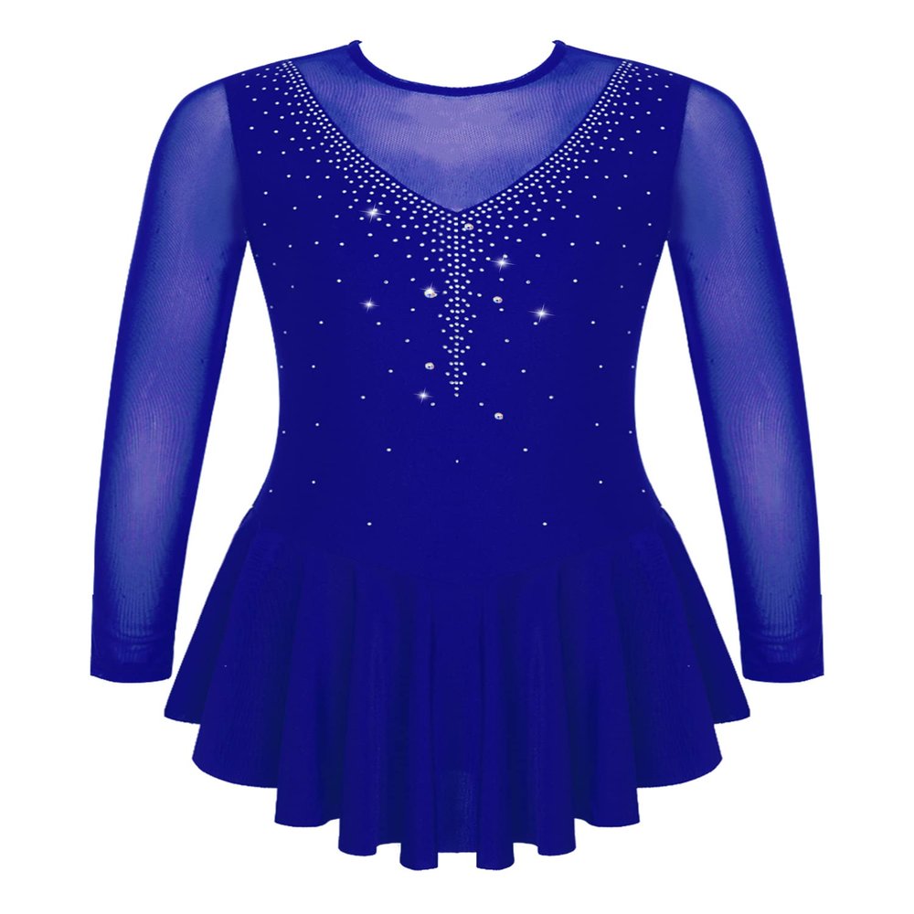 CHICTRY Girls Figure Ice Skating Dress Mesh Diamond Leotard Dance Dress Competition Gymnastics Costume Royal Blue 16 Years