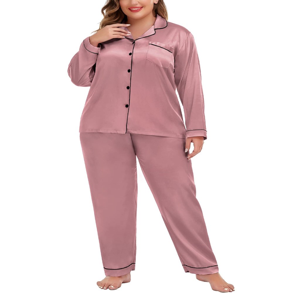 SWOMOG Silk Satin Pajama Set for Plus Size Women Long Sleeve Button Down Pajamas Comfy Silk Pjs 16W Misty Rose